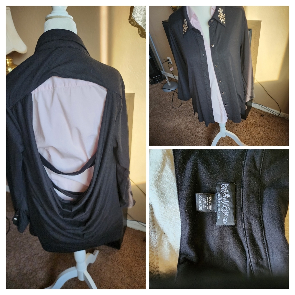 Open back extra large black long sleeved sequins on collar top